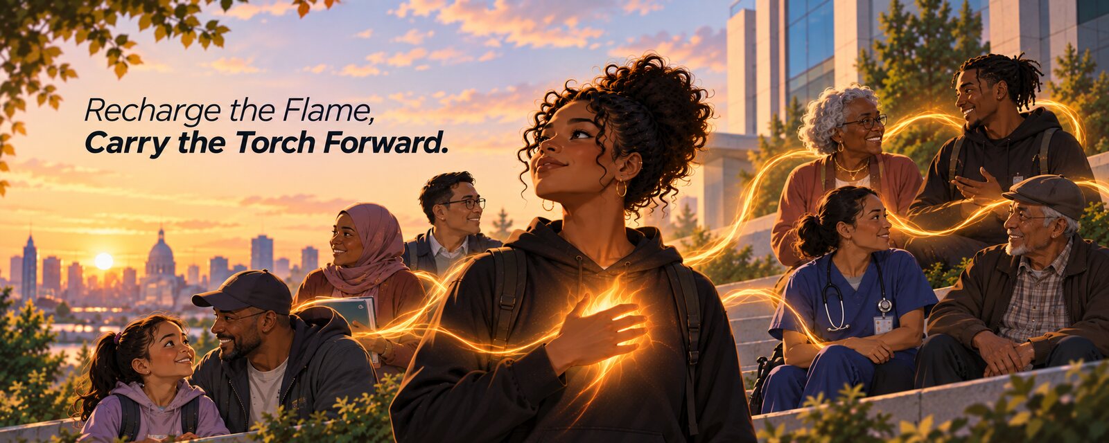 Illustration at sunset: a young woman with a glowing flame at her heart looks upward, while a ribbon of golden light links her to a multigenerational group of Deaf people of color gathered around her — a child, parents, students, a nurse, and elders — signing and smiling together on the steps outside, with a city skyline behind them.