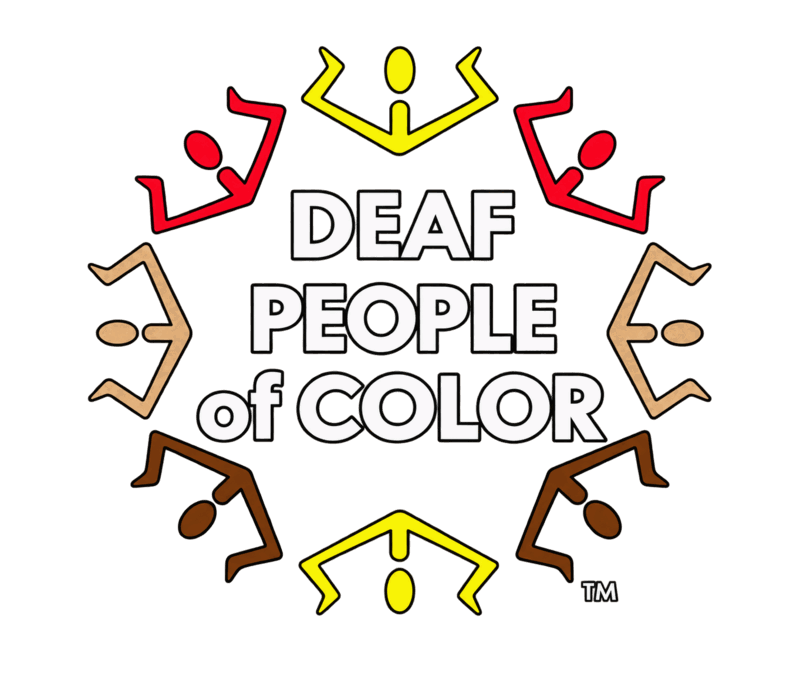 National Deaf People of Color logo: twelve signing figures in red, gold, tan, and brown arranged in a circle around the words Deaf People of Color. Return to the home page.